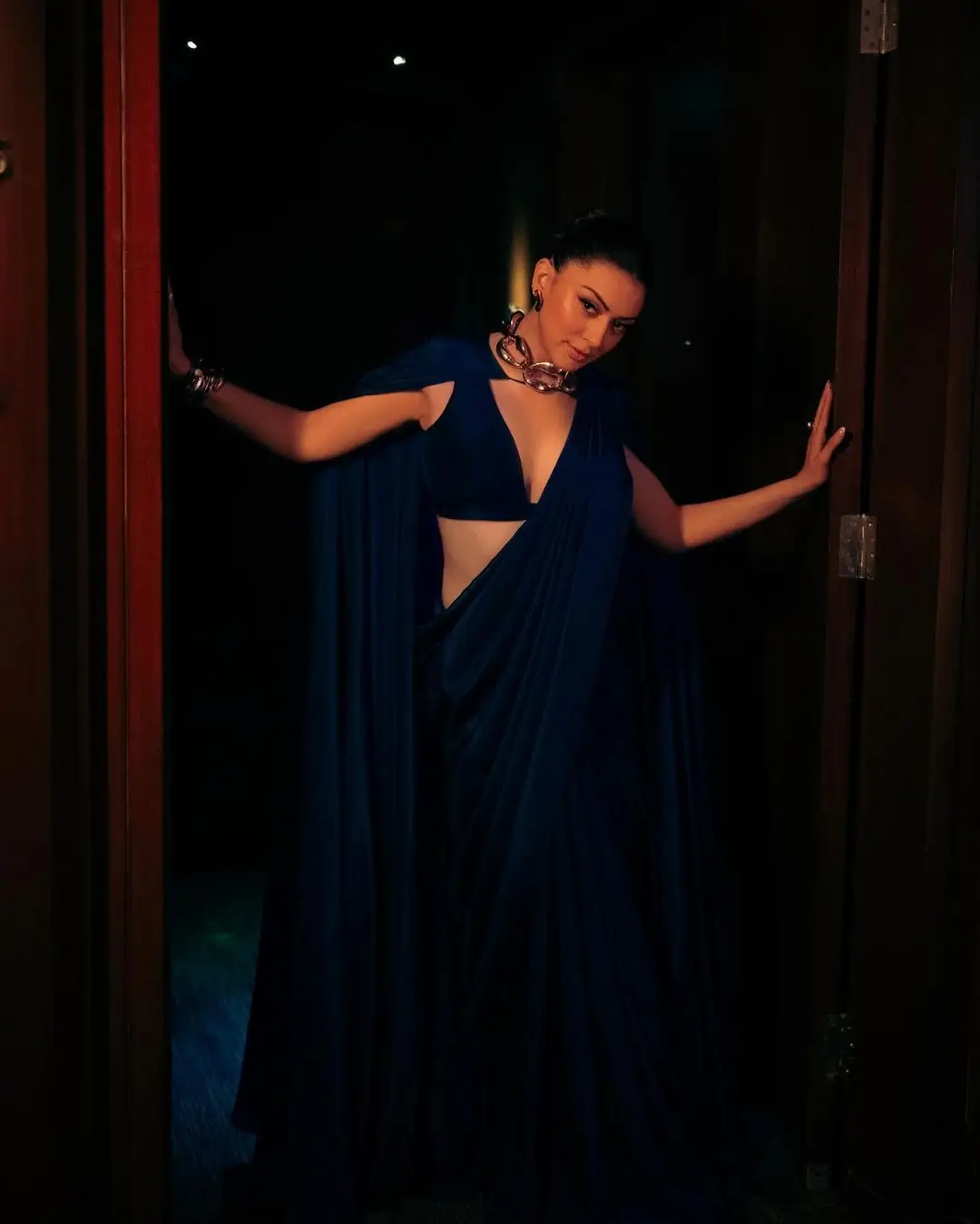 Actress Hansika Motwani Images in Blue Color Saree Sleeveless Blouse